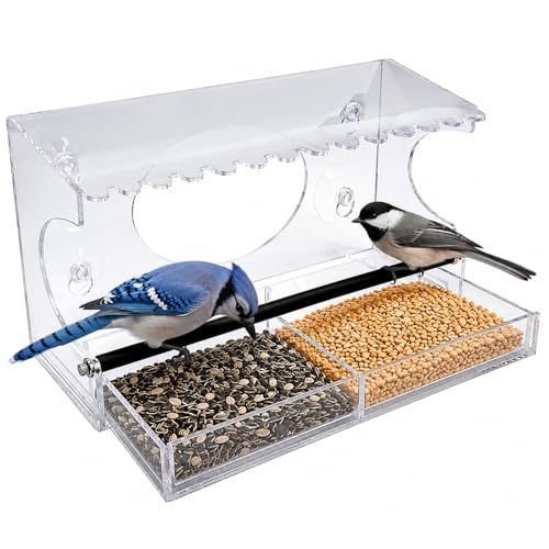 Acrylic Clear Window Bird Feeder with Strong Suction Cups, Removable Sliding Seed Tray, Weather-Resistant & Easy to Clean for Window Viewing, Extended - size: Style: Extended