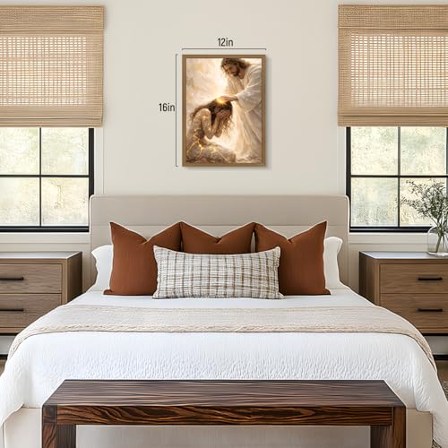 RLKHG Wood Framed Jesus Healing Woman Wall Art, Christian Faith Religious Poster Print, Biblical Miracle Wall Decor, Inspirational Bible Story Artwork for Church Prayer Living Room 12x16 Inch - color: JesusWoman, size: 16"L x 12"W