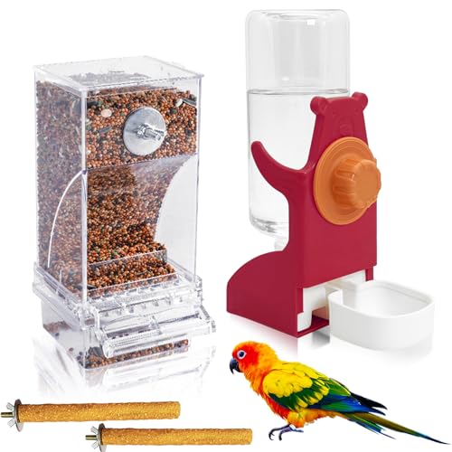 VCEPJH No Mess Bird Feeder and Water Dispenser Automatic Parrot Feeder Cage Accessories Orange Bird Drinker Parakeet Seed Dispenser with Cage Perch for Lovebirds Conures Budgies Canary Finch (Red) - color: Red