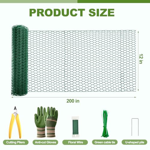 All-in-One 200 Inch Plant Protectors from Animals Kit - 0.85mm Heavy Duty Chicken Wire Cloche,Free-Cut Wire Mesh Roll Includes Pliers, Gloves, Ties, Stakes for Custom Outdoor Cages (12 * 200 Inch) - size: 12*200 Inch