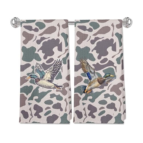 Vintage Camo Mallard Duck Kitchen Towels Set of 2, Duck Hunting Accessories Dish Tea Towels for Kitchen, Camouflage Farm Animal Decorative Hand Towels for Bathroom, 16x24 Inches - color: Color 02