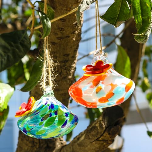 2 Pcs Blown Glass Hummingbird Feeder for Outdoors Hanging | Ant & Bee Resistant Window Bird FeederHandmade Garden Decor Gift for Women - Small Round Blue Red Glass Feeders Bundle - color: Style F