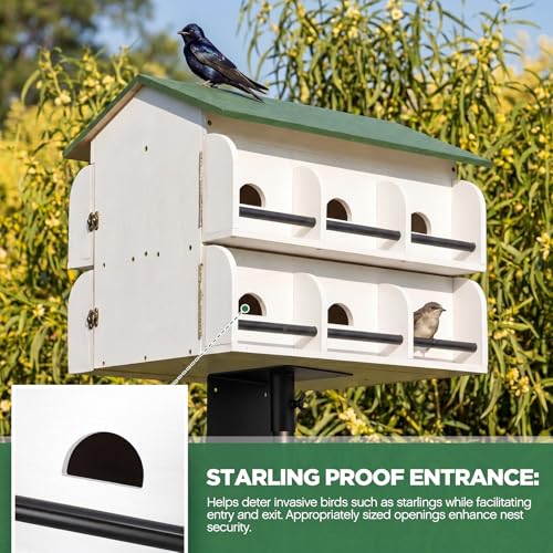 Yaocom 12 Room Purple Martin House with Pole, Heavy Duty 5 Section 15 ft Telescoping Pole with Ground Socket & Adapter, Easy to Clean Design, White Green Wooden Martin Bird House for Outdoor Nesting