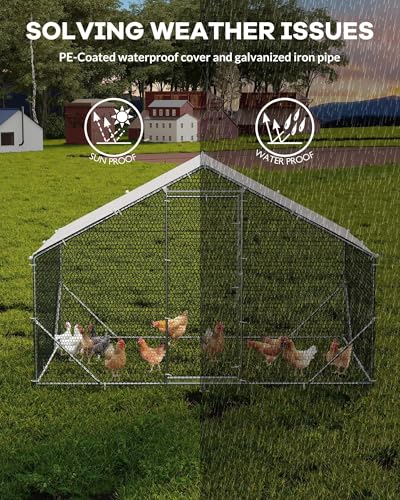 Large Metal Chicken Coop Upgrade Tri-Supporting Wire Mesh, 9.8' W x 6.5' L x 6.6' H Walk-in Poultry Cage, Chicken Run Pen House with Waterproof & Anti-Ultraviolet Cover & Lockable Doors for Outdoor