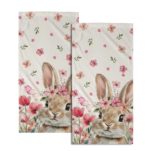 Pink Floral Bunny Hand Towels, 14x28 Inch Spring Flowers Cute Rabbit Easter Day Decor Absorbent Soft Dish Washing Cloth Face Tea Towels for Kitchen Bathroom Holiday Decoration - color: Bunny Pink Flowers