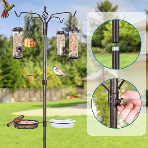 YINGYM Bird Feeding Station Kit, 94 Inch Bird Feeder Pole for Outdoors | 6-Hook Bird Feeder Stand with 4 Feeders, Metal Suet, Bath Tray and 5-Prong Base, Easy Assembly for Wild Birds Watching - size: 94 Inch without Squirrel Baffle