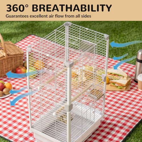 24" Portable Double-Layer Bird Cage, Travel Parrot Carrier with Handle for Vet Visits, Short Trips, White Metal Mesh Cage, for Parakeets, Cockatiels, Lovebirds, Small to Medium Birds