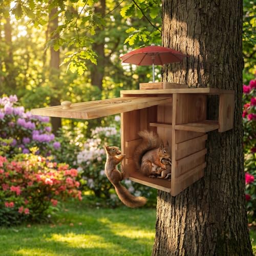Outdoor Extra Large Wooden Squirrel House Protective Nest Box with Feeder | Natural pine, weatherproof. Backyard shelter for squirrels, chipmunks, birds. Easy mount. Size 24.8x11x15.7in - size: XL