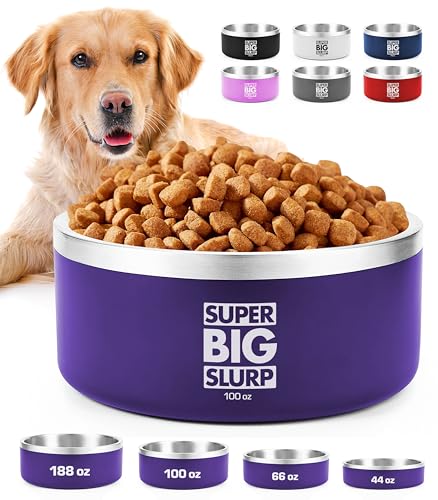 Tuff Pupper 100 oz Heavy Duty Insulated Stainless Steel Dog Bowl for Large Dogs, Non-Slip Base, Dishwasher Safe - color: Royal Purple, size: 100oz