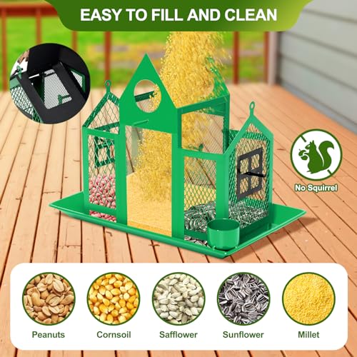 Solar Bird Feeders House for Outdoors Hanging, 7LBS Large Capacity Metal Wild Bird Feeder Squirrel Proof for Outside with Water Cup, Cardinal Birdfeeder Birdhouses Gift for Bird Lovers (Green) | Green,Wild Metal Bird Feeder,7LBS Large Capacity with Water