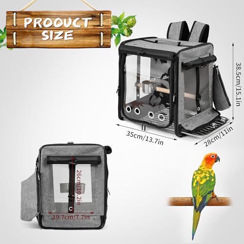 Bird Carrier with Seat Belt for Car Travel, Bird Backpack Carrier with Indestructible Stainless Steel Mesh, Large Bird Carrier Travel Cage, Grey - color: Grey, size: 13.5"L x 10.0"W x 15.5"H