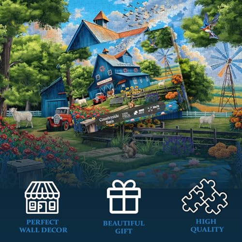 Farm Puzzles for Adults 1000 Pieces, Country Life Nature Landscape Puzzle Features Flower Bird Cow, Barn Puzzles Scenic, Challenging Jigsaw Puzzles - style: Farm Puzzles