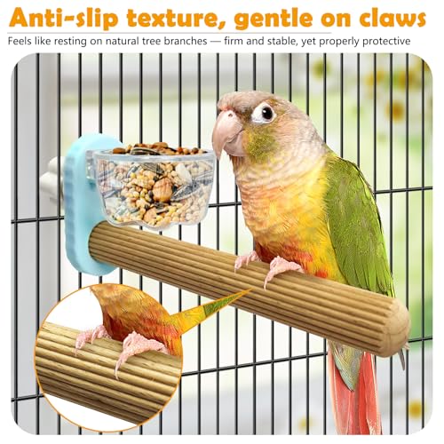 Kathson 3Pcs Bird Perch Feeding Cup Natural Wood Perches with Removable Bird Feeder for Cage Parrot Stand for Parakeets, Budgies, Cockatiels,Parrots, Birds Chewing Stick (Blue) - color: Blue
