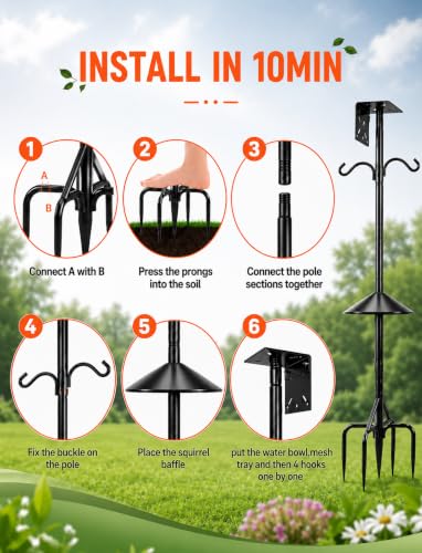 95 Inch Squirrel Proof Bird Feeder Pole, Heavy Duty 1-Inch Diameter Bird House Pole with Squirrel Baffle,2 Shepherd Hooks & Dual Mounting Plates for Smart Bird Feeders, Birdhouses and Weather Stations - size: 95Inch -With baffle-1