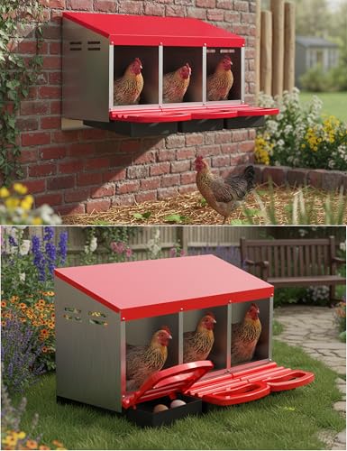 GarveeLife Chicken Nesting Box 3 Hole, Galvanized Steel Nest with Roll Away Egg Collection & Swing Perch, Easy-Clean Laying Box for Hens, Heavy Duty Design for Chicken Coop - color: Red, size: 3 holes