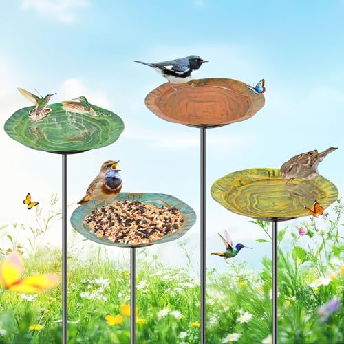 4 PCS Metal Bird Baths for Outdoors, Small Garden Bird Bath with Metal Stake, Hummingbird Feeder for Yard Lawn Decoration (4P-Wave Basin) - color: 4P-Wave Basin