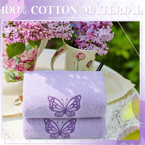 SmoothNovelty 2 Pcs Butterfly Hand Towels Purple Bathroom Decor 14x29 Inch | Embroidered Bathroom Hand Towels, 100% Cotton, Soft Absorbent, Purple Butterfly Bathroom Kitchen Decor - style: Butterfly
