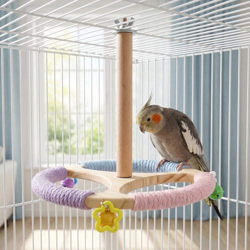 Bird Stand Perch Toy, Rotating Exercise Wheel, 8 inches Wooden Perch with Bells, Cage Accessories for Parakeet, Budgie, Cockatiel