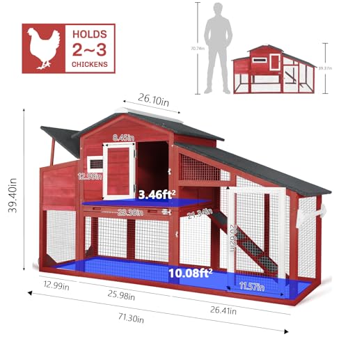 PetsCosset 71.3" Chicken Coop Wooden Backyard Hen House Indoor Outdoor Two Story Poultry Cage with Run, Chicken Nesting Box, Pull Out Trays and Anti-Slip Asphalt Ramp