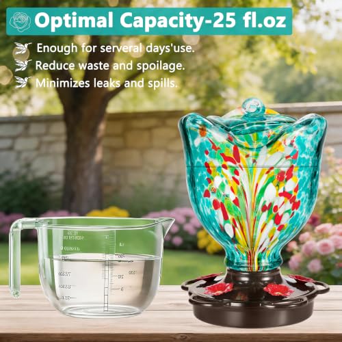 LUJII Rose Shaped Hummingbird Feeder for Outdoor Hanging, Hand-Blown Glass, 25 fl.oz, Leak-Proof and Rustproof, with Ant Moat and 5-Port Metal Cover, Teal - color: Teal
