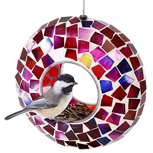 Sunnydaze Mosaic Glass Bird Feeder, Fly-Through, Crimson Mosaic | 6" Small Unique Hanging Bird Feeder for Outdoors, Drainage Hole, Weather-Resistant, Birdfeeder for Cardinals, Jays, & Finches - color: Crimson Mosaic