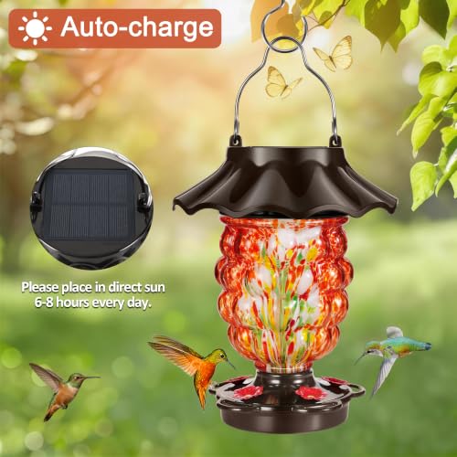 LUJII Solar Hummingbird Feeder for Outdoor Hanging, RGB Illuminated Hand-Blown Glass Lantern, 35 fl.oz, Leak-Free & Rust-Resistant, Metal Cap with 5 Feeding Ports, Pineapple Design, Red - color: Red
