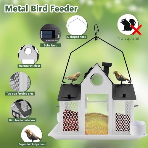 Solar Bird Feeders House for Outside Hanging, Metal Wild Bird Feeder for Outdoors Large Capacity Cardinal Birdfeeder Birdhouses Metal Bird Feeding Station White - color: white