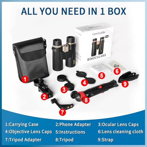 10x42 HD Binoculars for Adults High Powered with Phone Adapter and Tripod, Super Bright BAK4 Prism Waterproof Compact Binoculars for Bird Watching Hunting Stargazing Hiking Cruise Travel - style: 10x42