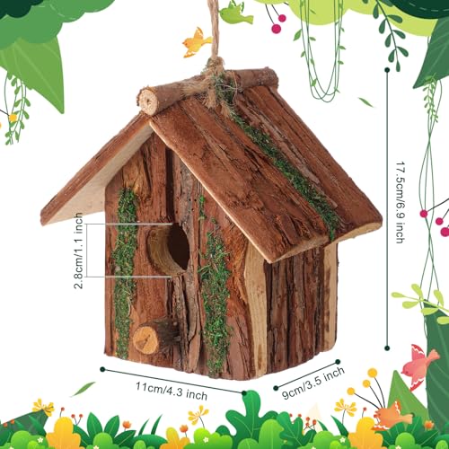 DoubleFill 1 Pcs Birdhouses for Outside Wooden Bird House with Moss Accent Hanging Design Birdhouse Natural Bark Finish Warm and Waterproof Rustic Bluebird House Cardinal Wren Hummingbird Garden
