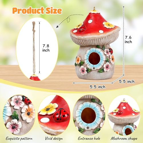 Garden Bird Houses for Outside with Solar Light, Bird Houses for Outside Hanging, Decorative Mushrooms Birdhouse for Bluebird Hummingbird Sparrow, Hummingbird Gifts for Women
