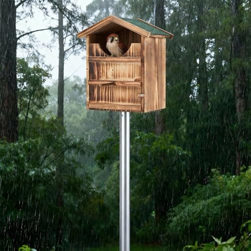 Yaocom Owl House with 12ft Pole Wooden Waterproof Nesting Box Outside | Screech Owls Guard Entry, Ground Socket Screws Included, For Kestrels Martins Bats, Prebuilt Ready Outdoor