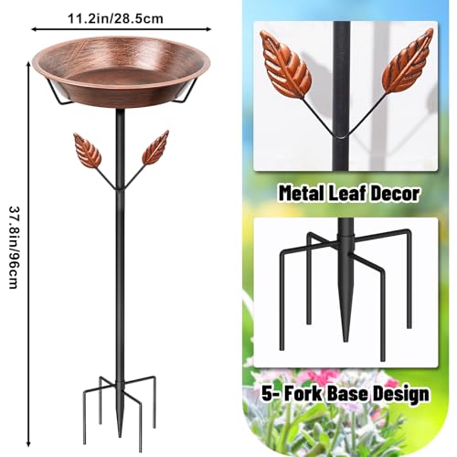 37.8In Metal Bird Bath for Outside, Vintage Birdbaths Removable Feeder Bowl with 5 Prongs Base Stake, Easy to Clean Birdfeeder for Outdoors Garden Yard Lawn Decor(Vintage Brown, Leaf) - color: Vintage Brown, Leaf