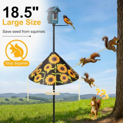 18.5 Inch Sunflower Squirrel Baffle for Bird Feeder Pole, Large Birds Attract Squirrel Proof with Non-slip Pad, Chew Proof Plastic Bird House Rain Guard Accessories for Shepherds Hook Outside