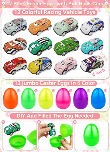 12 Pack Easter Eggs with Pull Back Car Toys, Colorful Eggs Vehicle for Kids Boys Toddlers Easter Basket Stuffers Filler Surprise Egg Hunt Classroom Prize Supplies Party Favors - style: 12 Pack Easter Egg with Pull Back Car