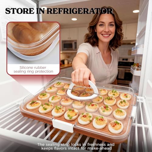 Deviled Egg Containers with Lid, Acacia Wooden Base with 28 Slots | Portable Deviled Egg Platter Carrier Holder Trays, Elegant appearance, Strong Durability, for Party and Home Kitchen - color: White
