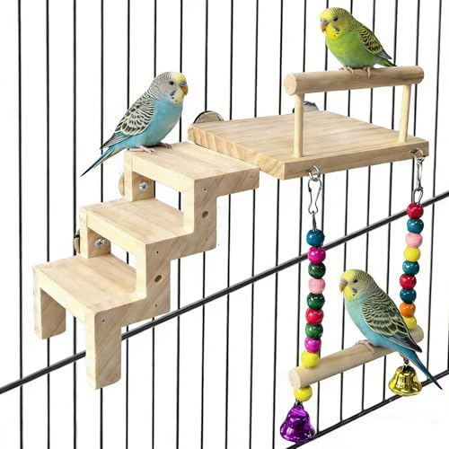 Bird Perch Platform with Ladder & Swing,Parrot Wooden Play Gym Cage Toys | Bird Wood Playing Exercise Stands Perches,Parakeet Climbing Ladder Playground Cage Accessories for Cockatiel Budgie Lovebird - size: Bird Perch Platform with Ladder Swing