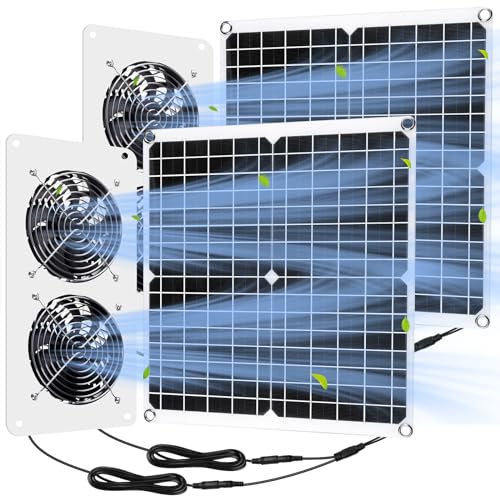 Rossesay 2 Sets 25W 12V Solar Powered Fan for Chicken Coop Waterproof Solar Panel Exhaust Fans USB Portable Metal Shell for Shed Greenhouse Outside Air Ventilation Pet Dog House