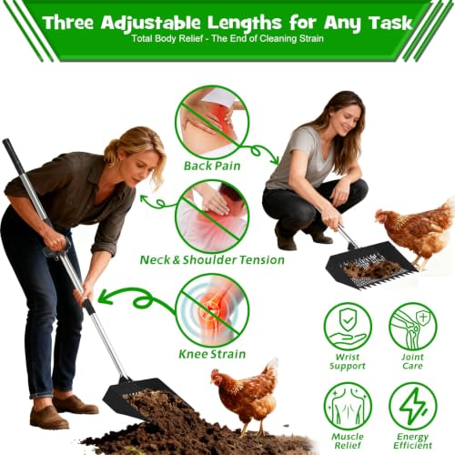 Chicken Poop Scooper & Rake 2-in-1 – 12 Inch Shovel Head & 3-Angle Adjustable Stainless Steel Handle, Chicken Litter Scoop and Coop Rake & Sand Sifting Shovel for Chicken Coops, Black - color: Black