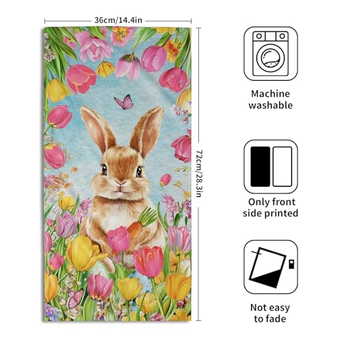 Easter Bunny Hand Towels, 14x28 Inch Spring Tulip Floral Rabbit Butterfly Absorbent Soft Dish Washing Cloth Face Tea Towels for Kitchen Bathroom Farmhouse Seasonal Decoration - color: Bunny Tulip Flowers