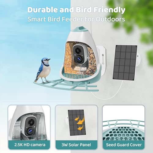 Smart Bird Feeder with Camera – 2K HD, Free Lifetime AI Bird Identification | Solar Powered, Motion Alert, 2.4GHz WiFi, Dual Seed Compartments – Outdoor Bird House Camera for Bird Lovers - color: Sky Blue