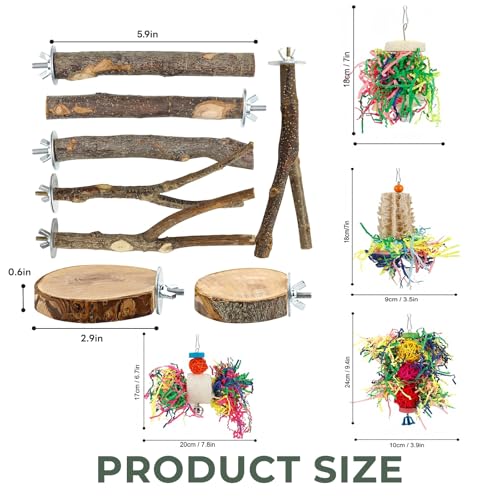 12 Pcs Natural Bird Perches and Shreddable Parakeet Toys, Essential Parrot Cage Accessories with 8 Wood Standsand 4 Shreddable Parakeet Toys, Foraging Shredder and Bird Accessories for Cages - size: 12 Pack