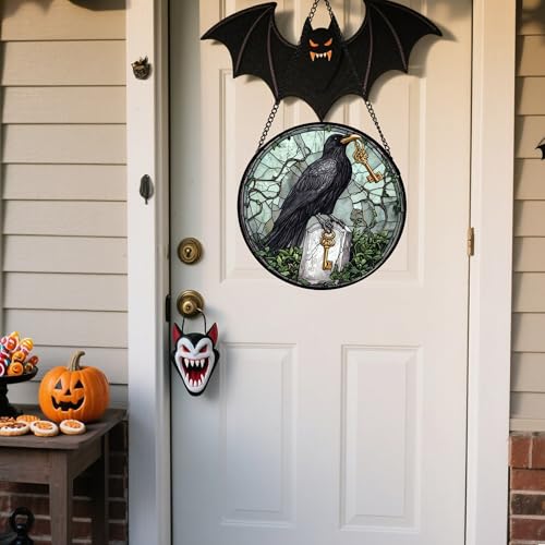 Stained Glass Window Hanging - Halloween Crow Holding A Key Suncatcher for Doors Garden Home Spooky Green Vines Sun Catchers Gothic Decor Horror Gift for Women Men Friend Boy Girl 7.8 in - color: Black Green, size: 7.8x7.8 IN
