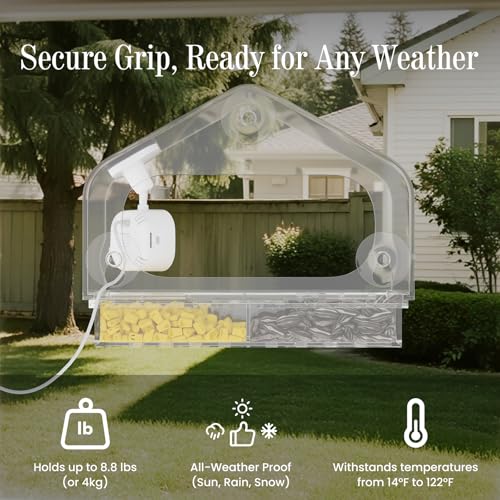Window Bird Feeder with Strong Suction Cups and Smart Bird Camera | 2K Clear Vision, AI Bird Recognition Tech, Real-Time Alerts, Easy to Use, Detachable Tray, 2.4G Connectivity USB Powered - color: White