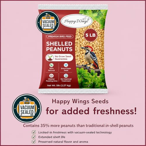 Happy Wings 5LB Shelled Peanuts Bird Food, No Grow Seeds, 100% Edible | High in Oil & Protein, High Energy Content, No Waste Bird Seeds, Heat Treated at Optimum Temperature, USDA & BRC-GS Approved - size: 5 Pound (Pack of 1)