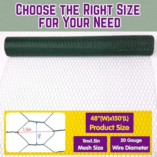 48in×150ft Chicken Wire Roll Hexagonal Netting Galvanized PVC Coated 1in Mesh Garden Poultry Fencing Barrier Animal Plants Hardware Cloth Crafts for/Rabbit/Floral/Chicken Coop/DIY Projects - size: 1in 48in×150ft