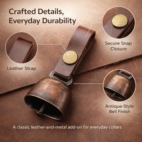 kcrygogo Dog Collar Bell with Leather Snap Strap, 2 Pack Loud Pet Collar Bells for Dogs, Jingle Bell to Help Locate Your Dog, Includes 2 ID Capsule Tags, Vintage Copper Bell Collar Accessory