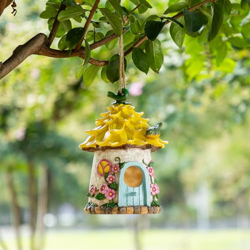 Glitzhome Bird Houses for Outside, 9" H Bluebird House Resin Yellow Roof Garden Hanging Birdhouses for Outdoors - color: 9"H Yellow