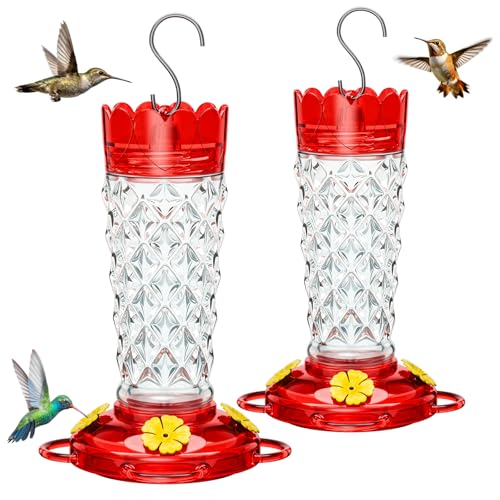 Glass Hummingbird Feeder 2-Pack 13 OZ with Ant Moats & Bee Guards | Diamond-Textured Hummingbird Feeders for Outdoors with Wide Mouth, Leak-proof Nectar Feeders, Garden Backyard Décor Gifts - color: Clear, size: 2 Pack
