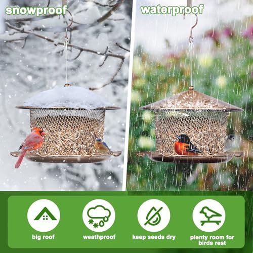Bird Feeder for Outdoor Metal Hanging 9.8" Roof 4.5 LBs Capacity | Heavy Duty, Waterproof, Weatherproof, Rustproof, Chew Proof, 4 Feeding Ports and 4 Extra Perches, Easy to Clean & Refill