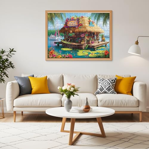 500 Piece Puzzle for Adults, Vacation Jigsaw Puzzle, Seaside Bar Puzzles | Tropical Island Tiki Bar Puzzle 500 Pieces, Relaxing Coastal Scene Puzzle for Adults and Family Game Night - style: Island Bar